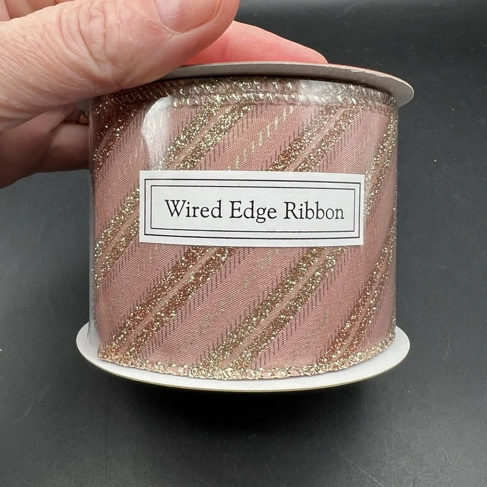 Pink Rose Gold Metallic Glitter Wired Edge Ribbon Roll 30' x 2.5